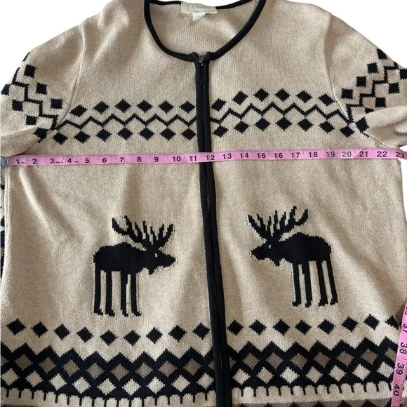 CJ Banks Women’s 1X Cotton Zip Cardigan Sweater Tan Black Moose Nordic Fair Isle - Picture 7 of 10